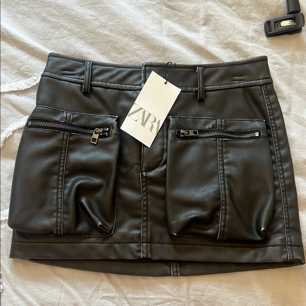 Zara Black Faux Leather Skirt with Zipper Pockets